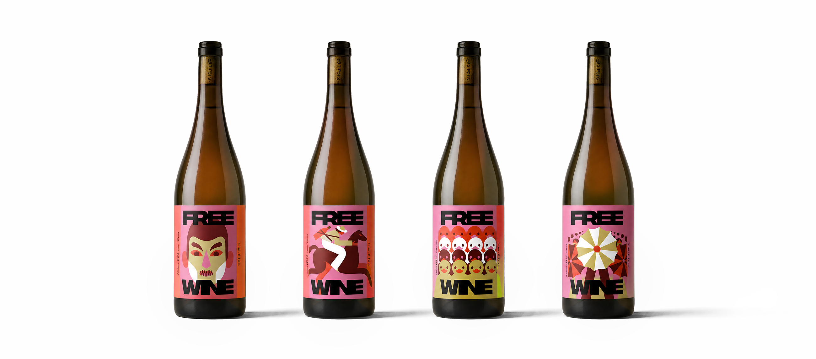 Vier FREE WINE Flaschen mit verschiedenen Protest-Labels